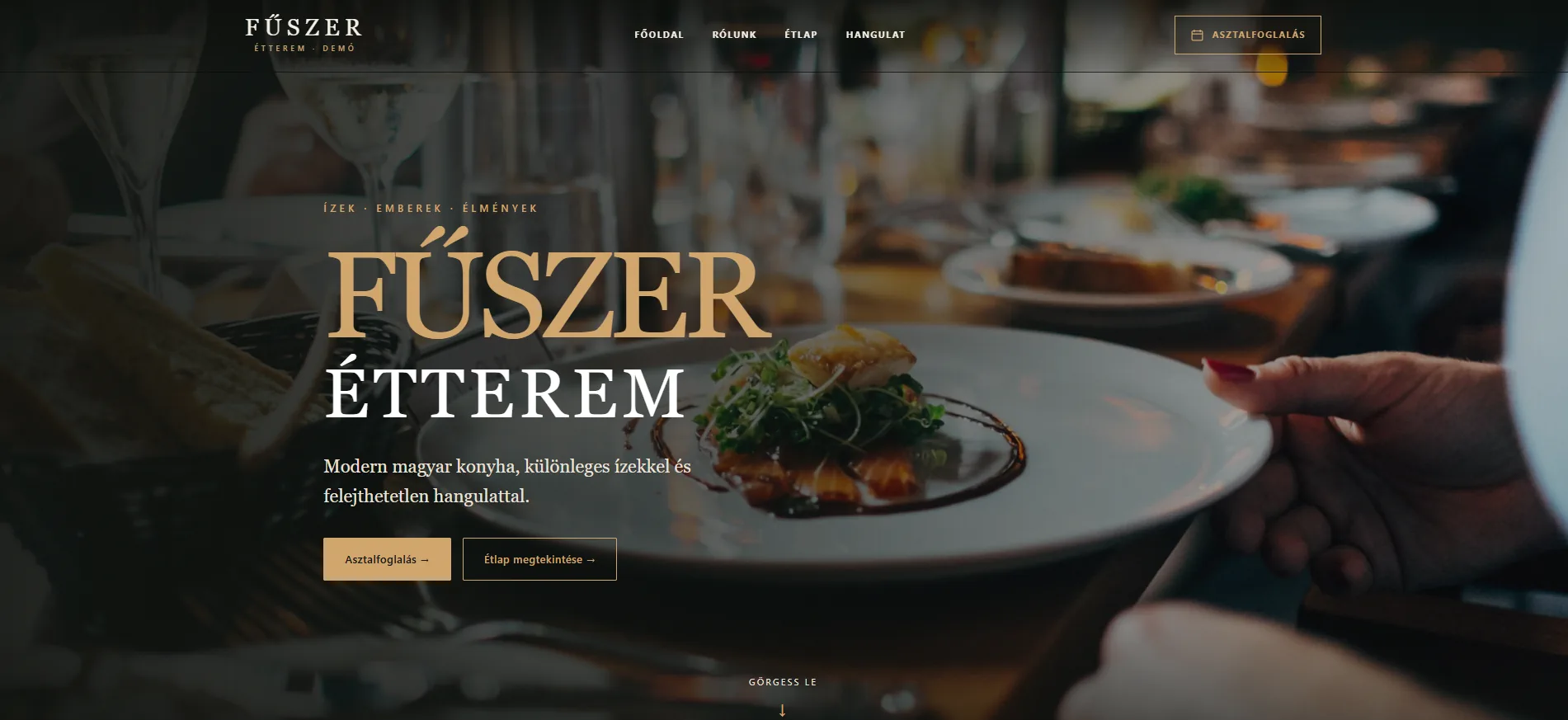 A FŰSZER Étterem bemutató weboldalának képernyőképe